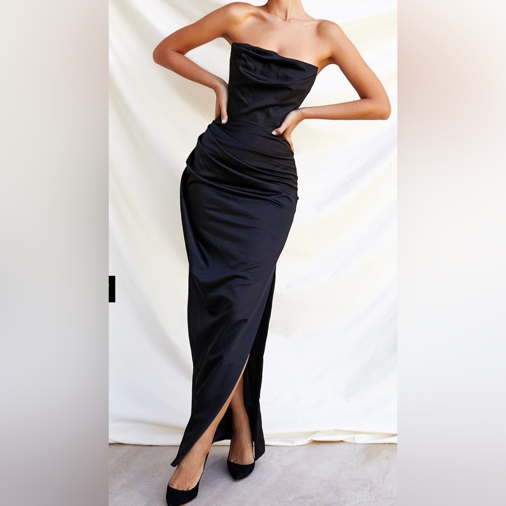 NWT HOUSE OF CB ADRIENNE DRESS - BLACK SATIN STRAPLESS CORSET MAXI